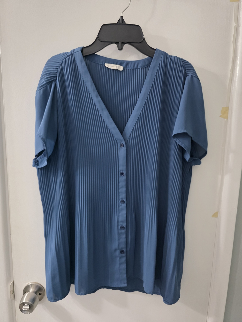 Pleione Blue Pleated V-Neck Button Front Blouse
